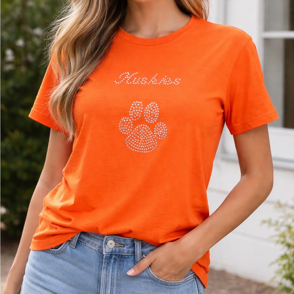 Port & Company Women’s Size L Orange Huskies Tshirt Rhinestone Paw Spirit Wear